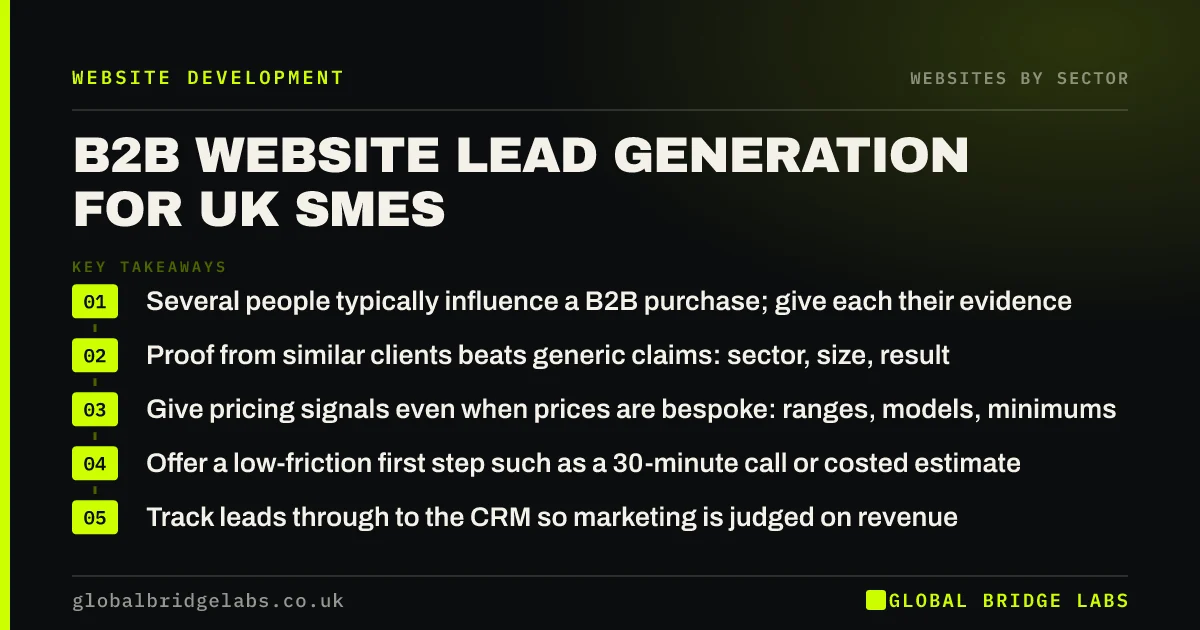 B2B website lead generation: key takeaways infographic by Global Bridge Labs