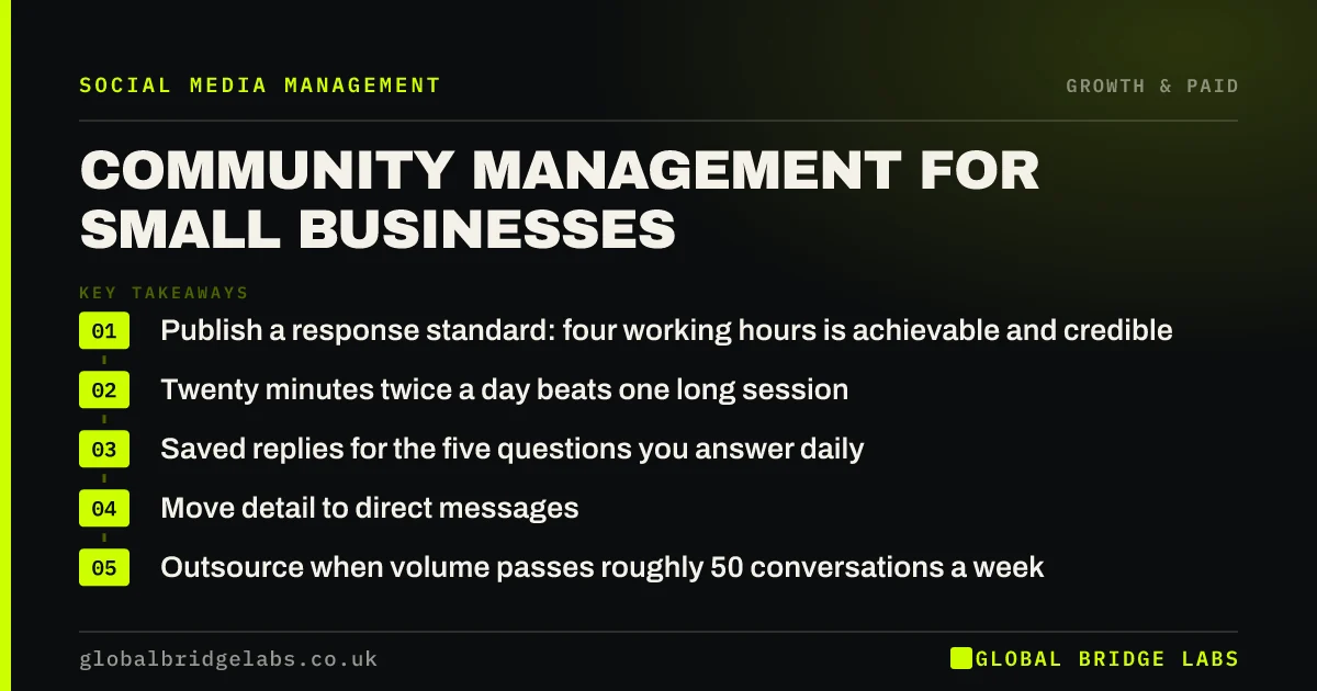 Community management for small business: key takeaways infographic by Global Bridge Labs