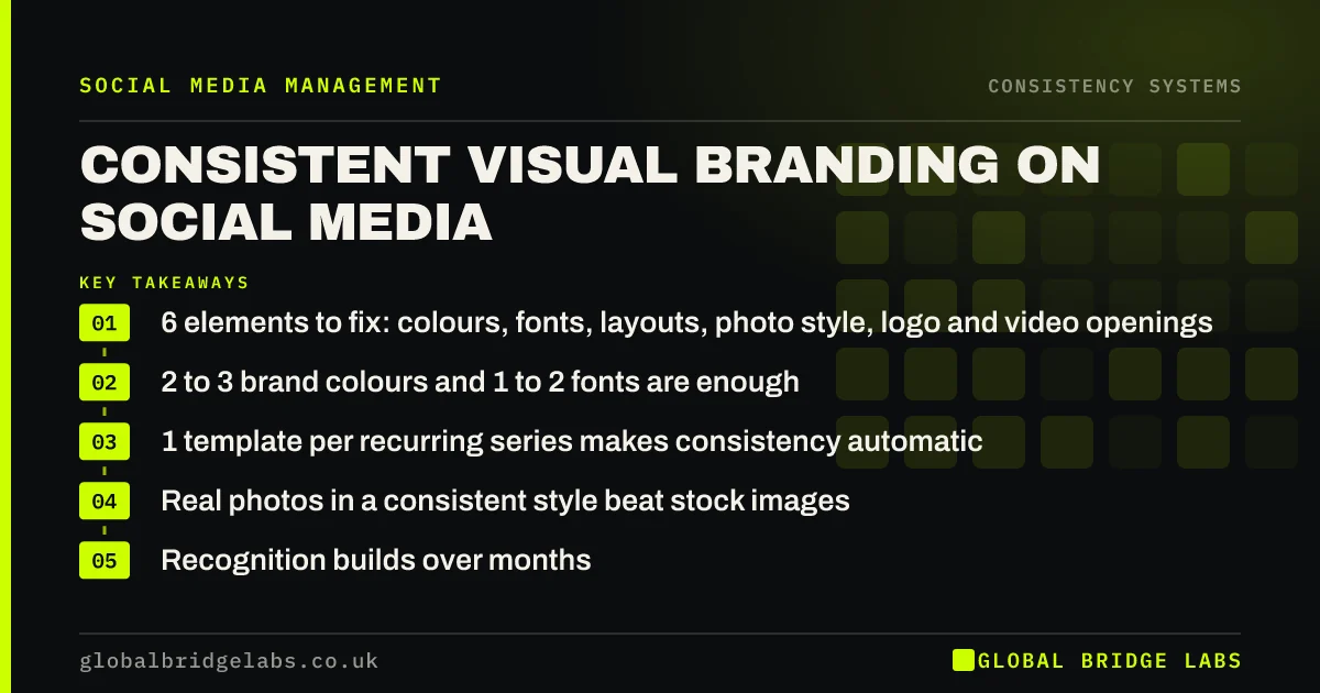 Consistent branding on social media: key takeaways infographic by Global Bridge Labs