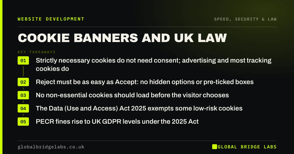 Cookie banner UK law: key takeaways infographic by Global Bridge Labs