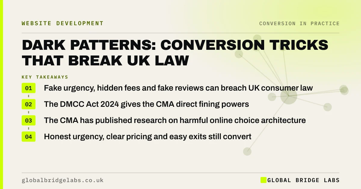 Dark patterns UK: key takeaways infographic by Global Bridge Labs