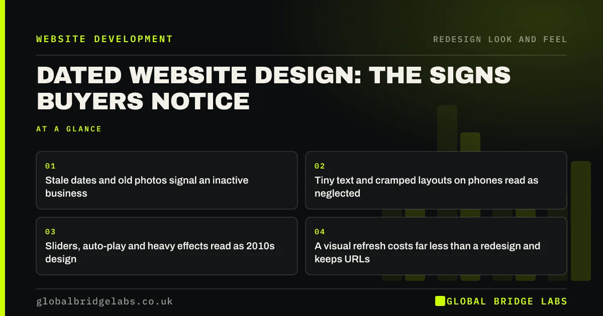 Dated website design: key takeaways infographic by Global Bridge Labs