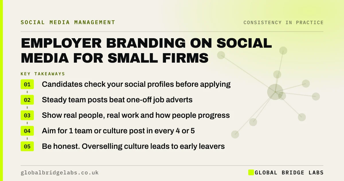 Employer branding social media small business: key takeaways infographic by Global Bridge Labs