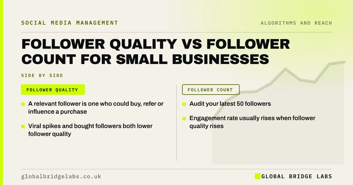 Follower quality vs quantity: key takeaways infographic by Global Bridge Labs