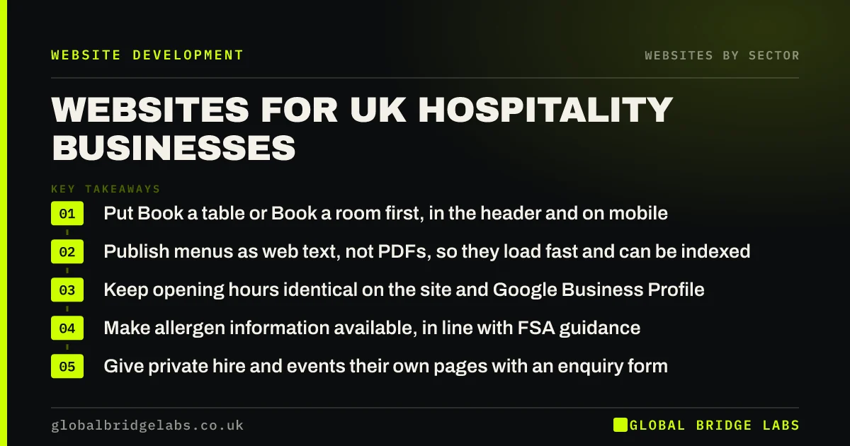 Hospitality website UK: key takeaways infographic by Global Bridge Labs