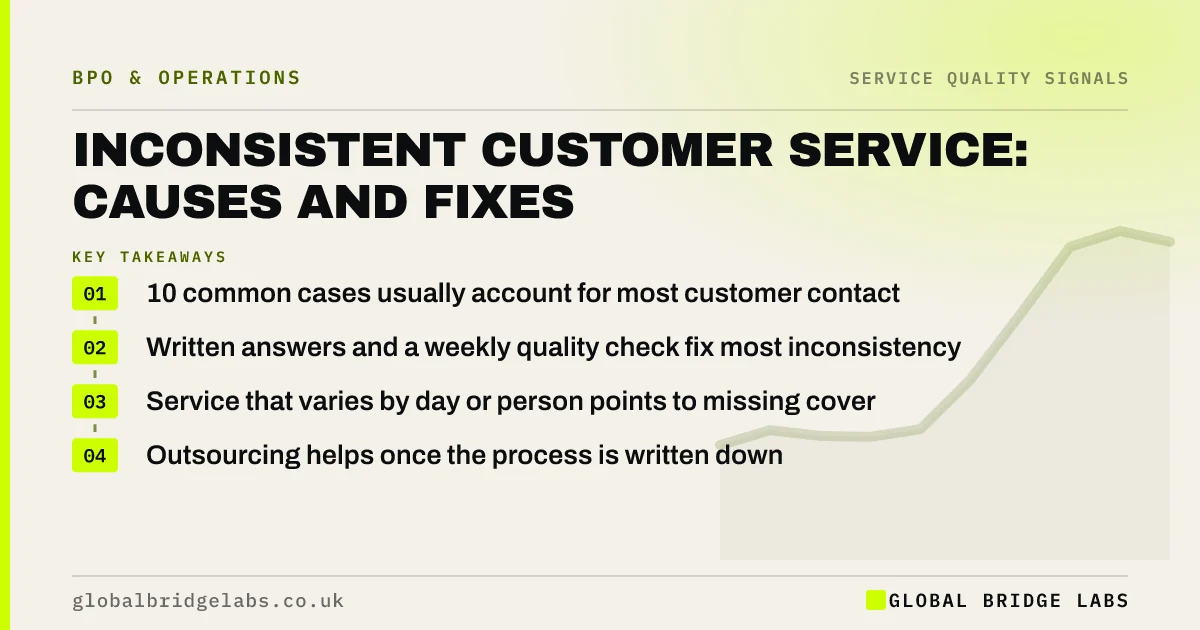 Inconsistent customer service: key takeaways infographic by Global Bridge Labs
