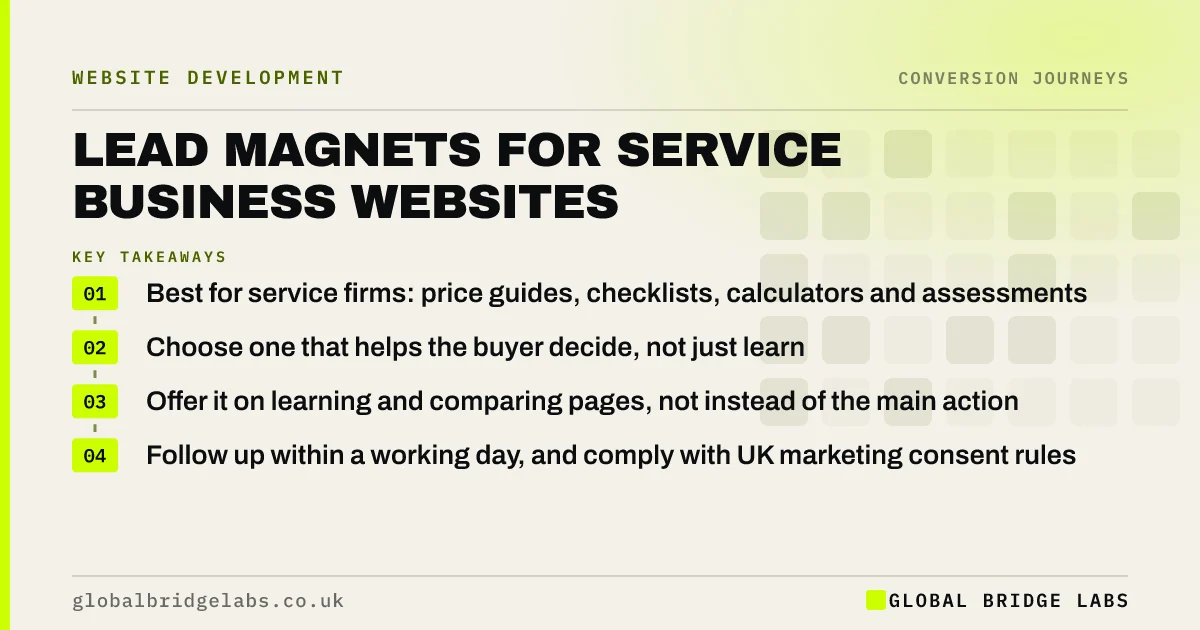Lead magnet for service business: key takeaways infographic by Global Bridge Labs