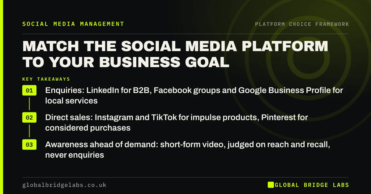 Which social media platform for business goals: key takeaways infographic by Global Bridge Labs