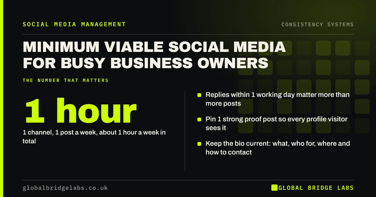 Minimum viable social media: key takeaways infographic by Global Bridge Labs