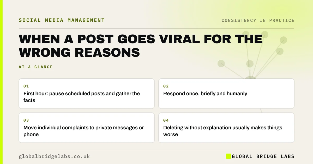 Negative viral post business: key takeaways infographic by Global Bridge Labs