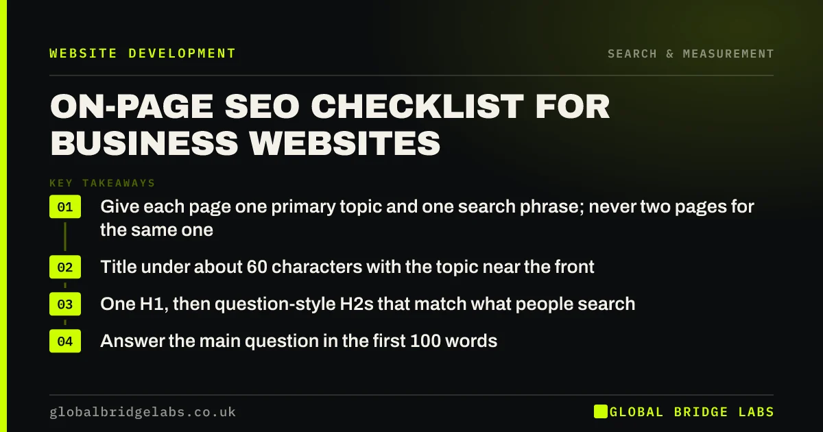 On page SEO checklist: key takeaways infographic by Global Bridge Labs