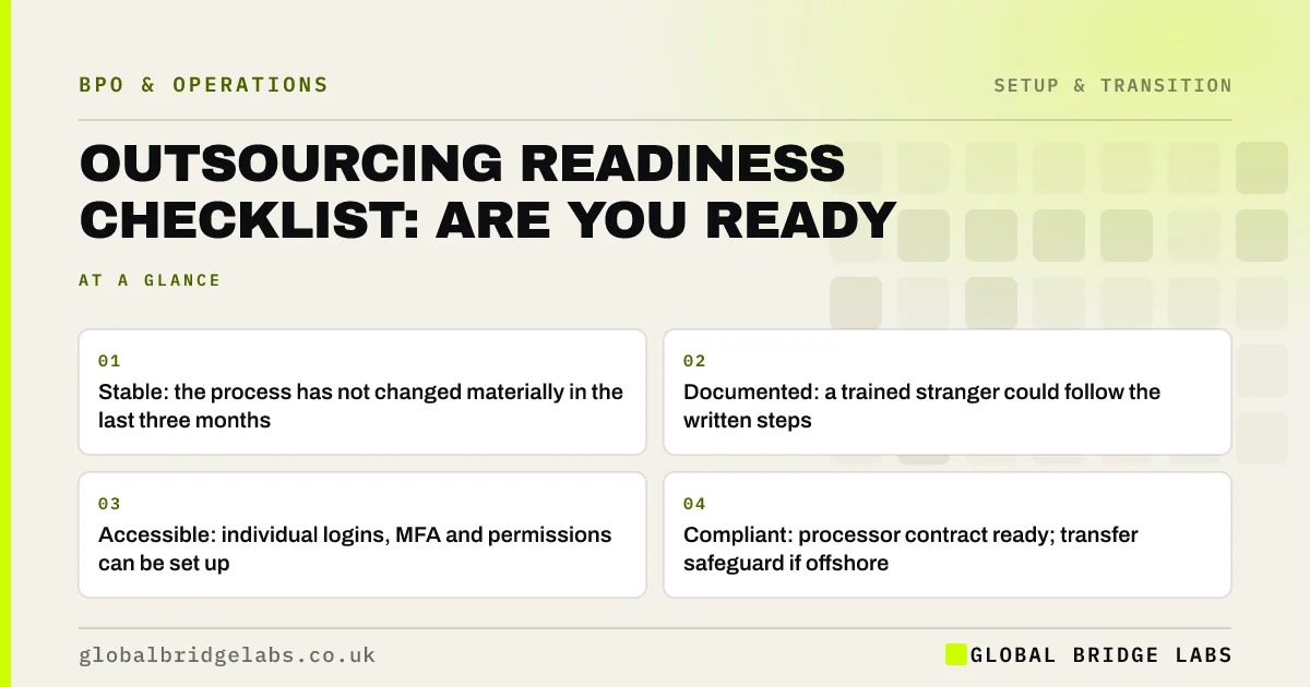 Outsourcing readiness checklist: key takeaways infographic by Global Bridge Labs