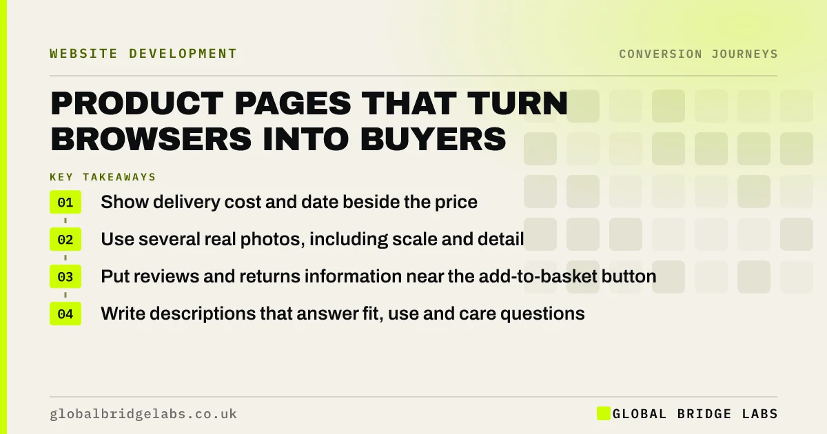 Product page conversion: key takeaways infographic by Global Bridge Labs