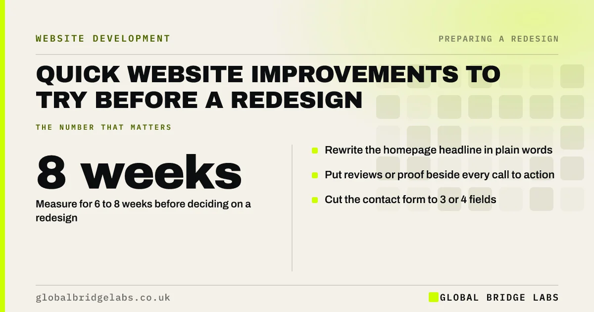 Quick website improvements: key takeaways infographic by Global Bridge Labs