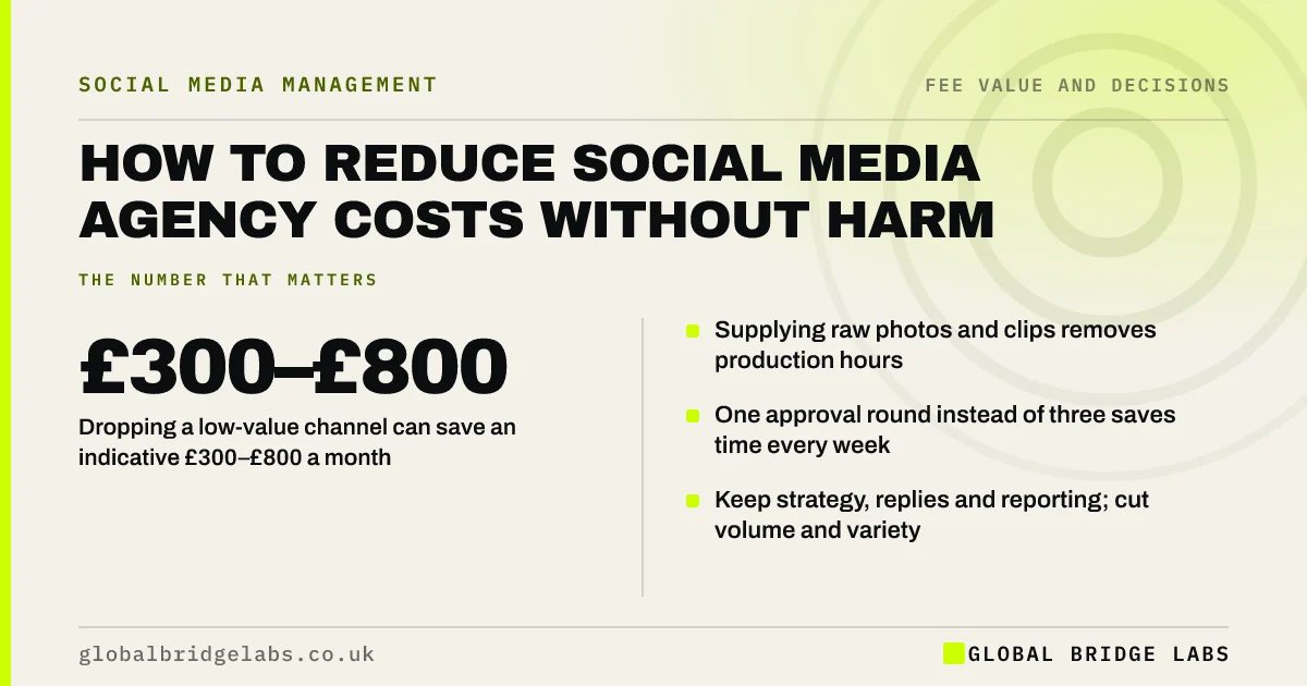 How to reduce social media agency costs: key takeaways infographic by Global Bridge Labs