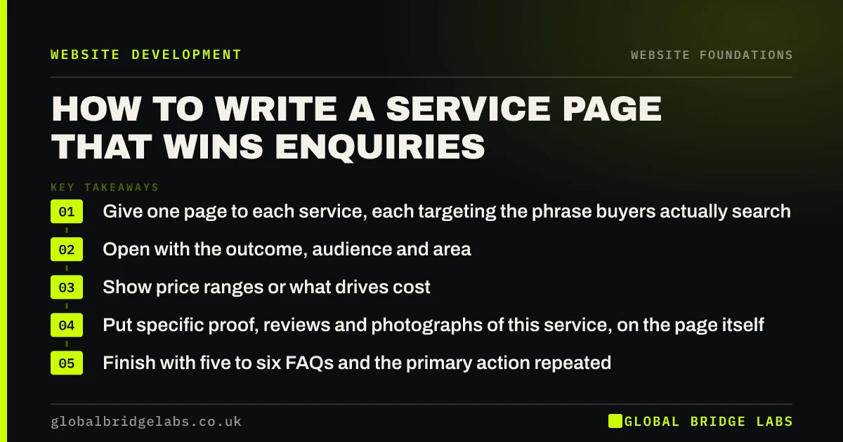 How to write a service page: key takeaways infographic by Global Bridge Labs