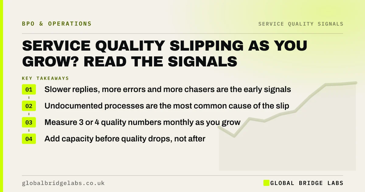 Quality slipping as business grows: key takeaways infographic by Global Bridge Labs