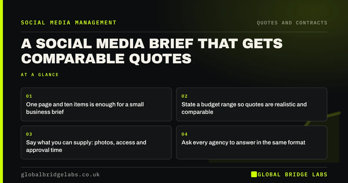 Social media agency brief template: key takeaways infographic by Global Bridge Labs