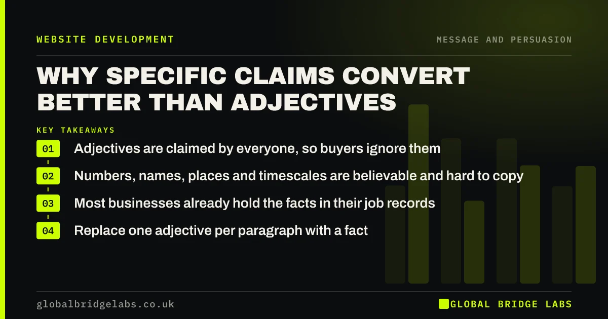 Specific vs vague website copy: key takeaways infographic by Global Bridge Labs