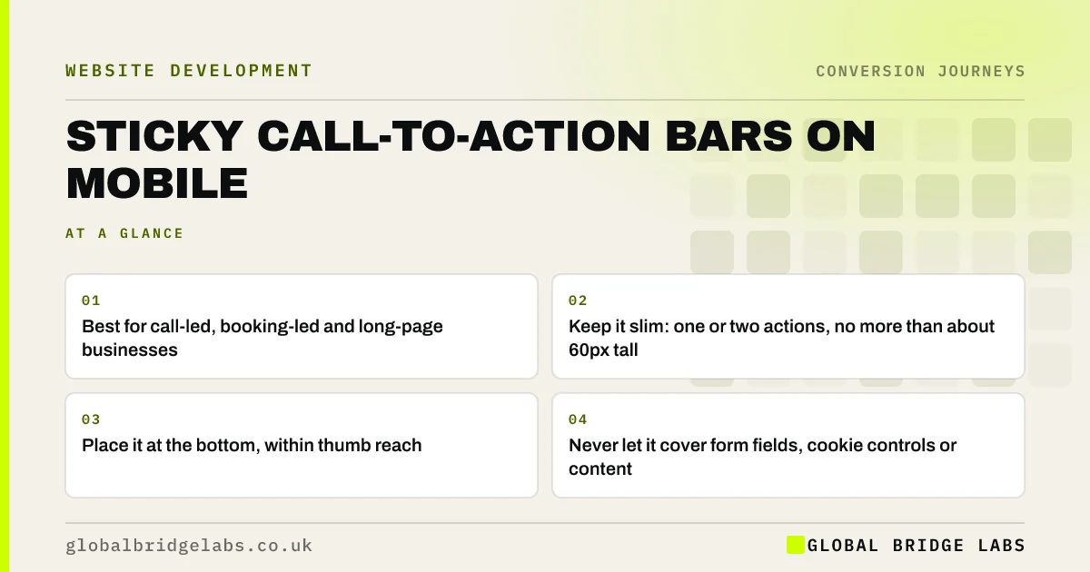 Sticky call to action mobile: key takeaways infographic by Global Bridge Labs