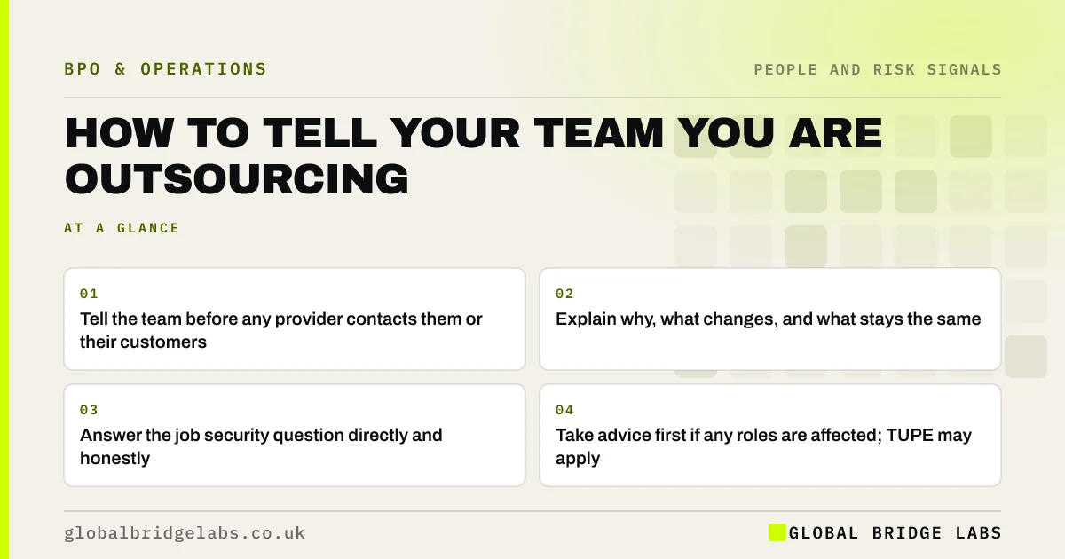 How to tell staff about outsourcing: key takeaways infographic by Global Bridge Labs