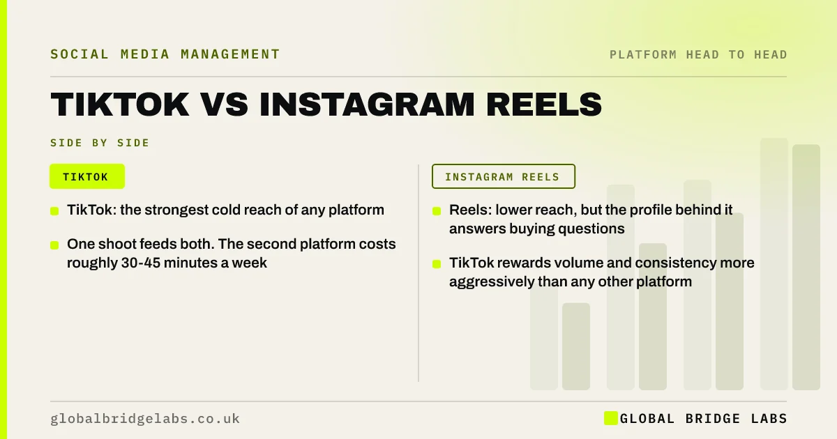 Tiktok vs instagram reels: key takeaways infographic by Global Bridge Labs