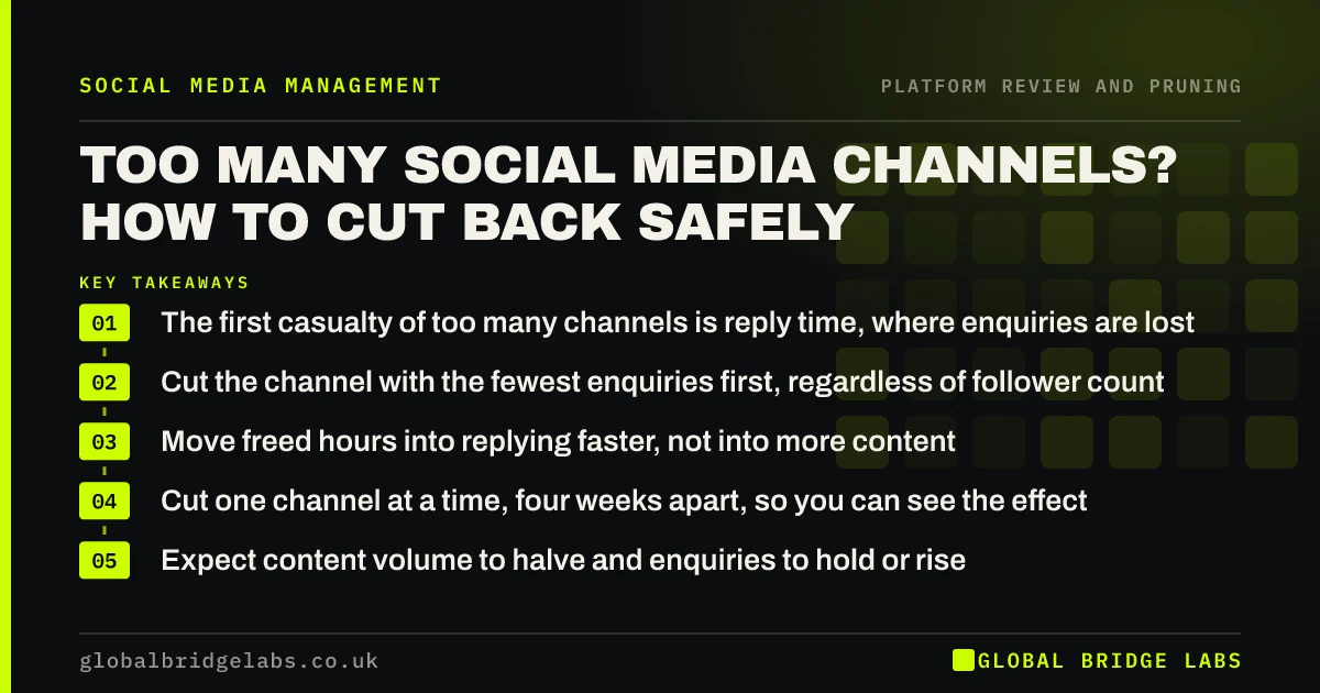 Too many social media channels: key takeaways infographic by Global Bridge Labs