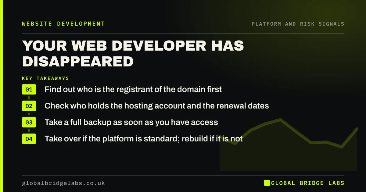 Web developer disappeared: key takeaways infographic by Global Bridge Labs