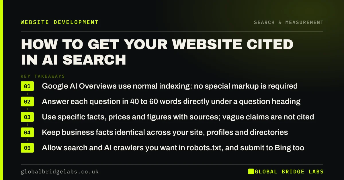 Optimise website for AI search: key takeaways infographic by Global Bridge Labs