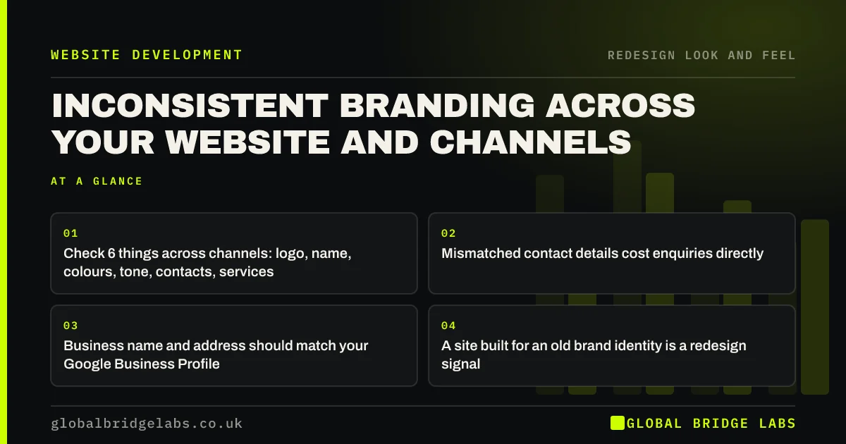 Inconsistent branding website: key takeaways infographic by Global Bridge Labs