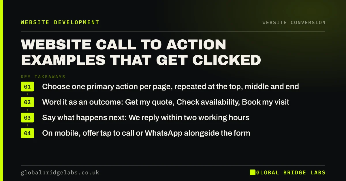 Website call to action examples: key takeaways infographic by Global Bridge Labs