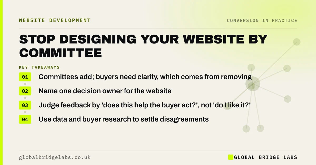 Website design by committee: key takeaways infographic by Global Bridge Labs