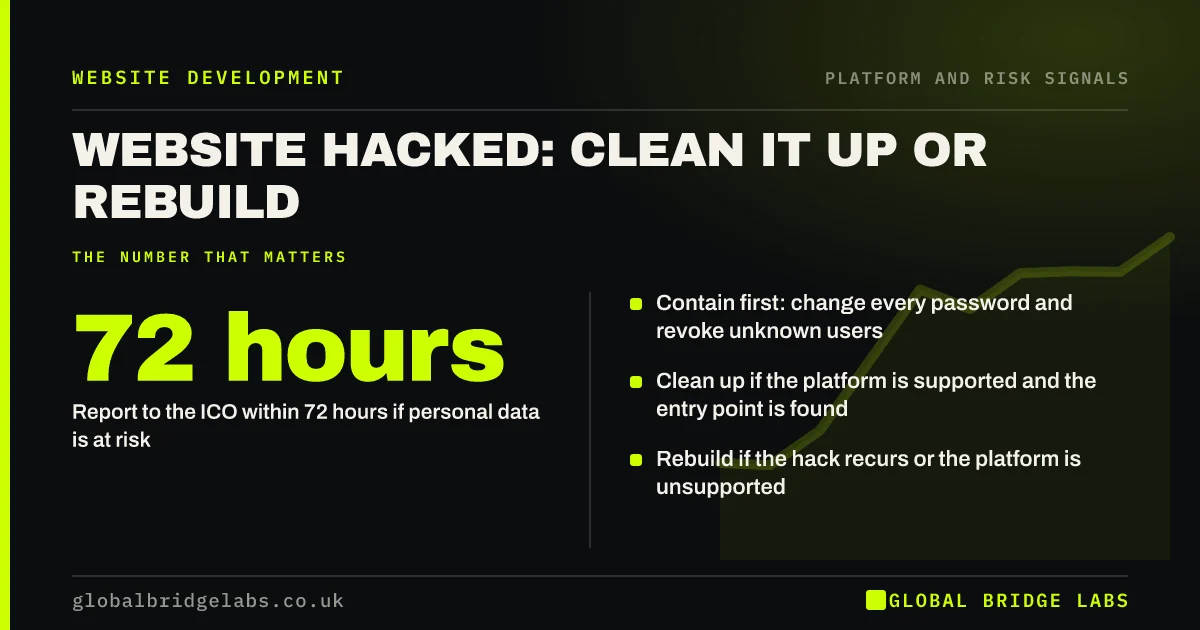 Website hacked what to do: key takeaways infographic by Global Bridge Labs
