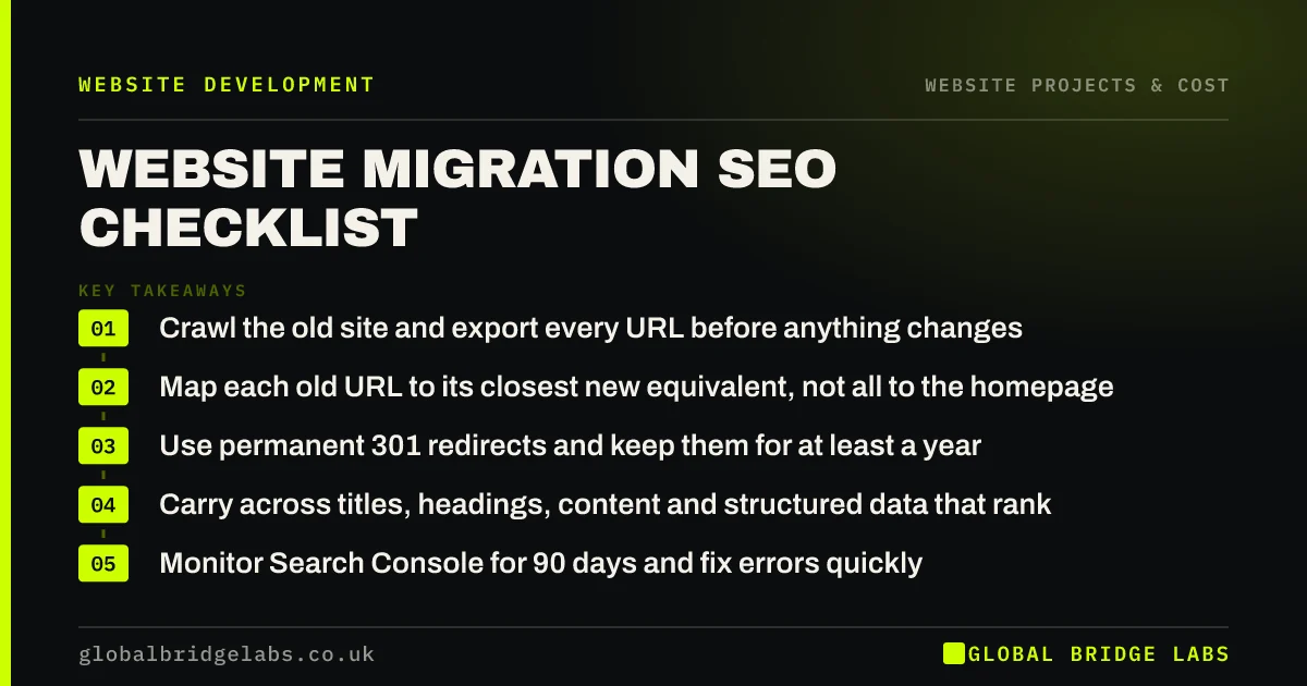 Website migration SEO checklist: key takeaways infographic by Global Bridge Labs