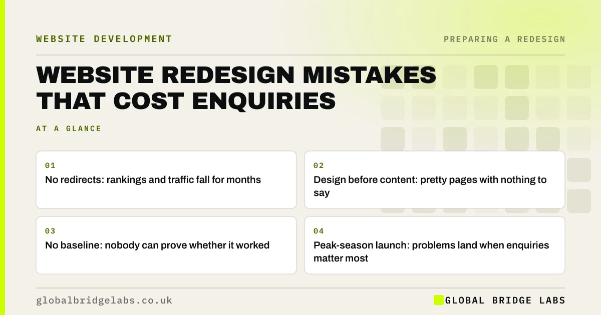 Website redesign mistakes: key takeaways infographic by Global Bridge Labs