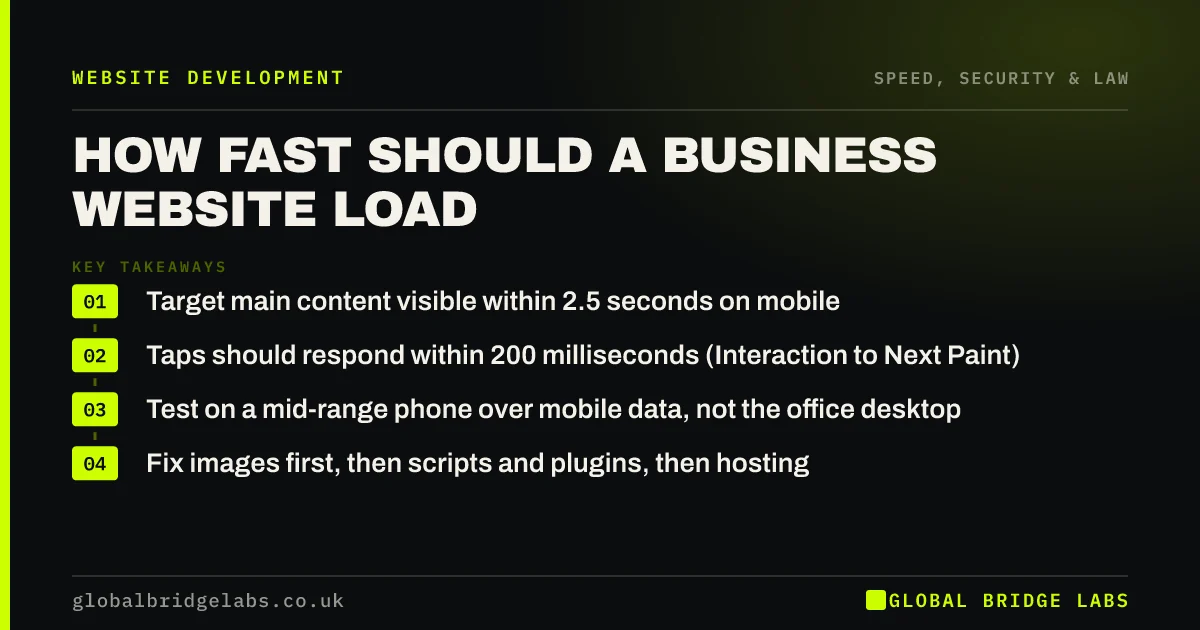 How fast should a website load: key takeaways infographic by Global Bridge Labs