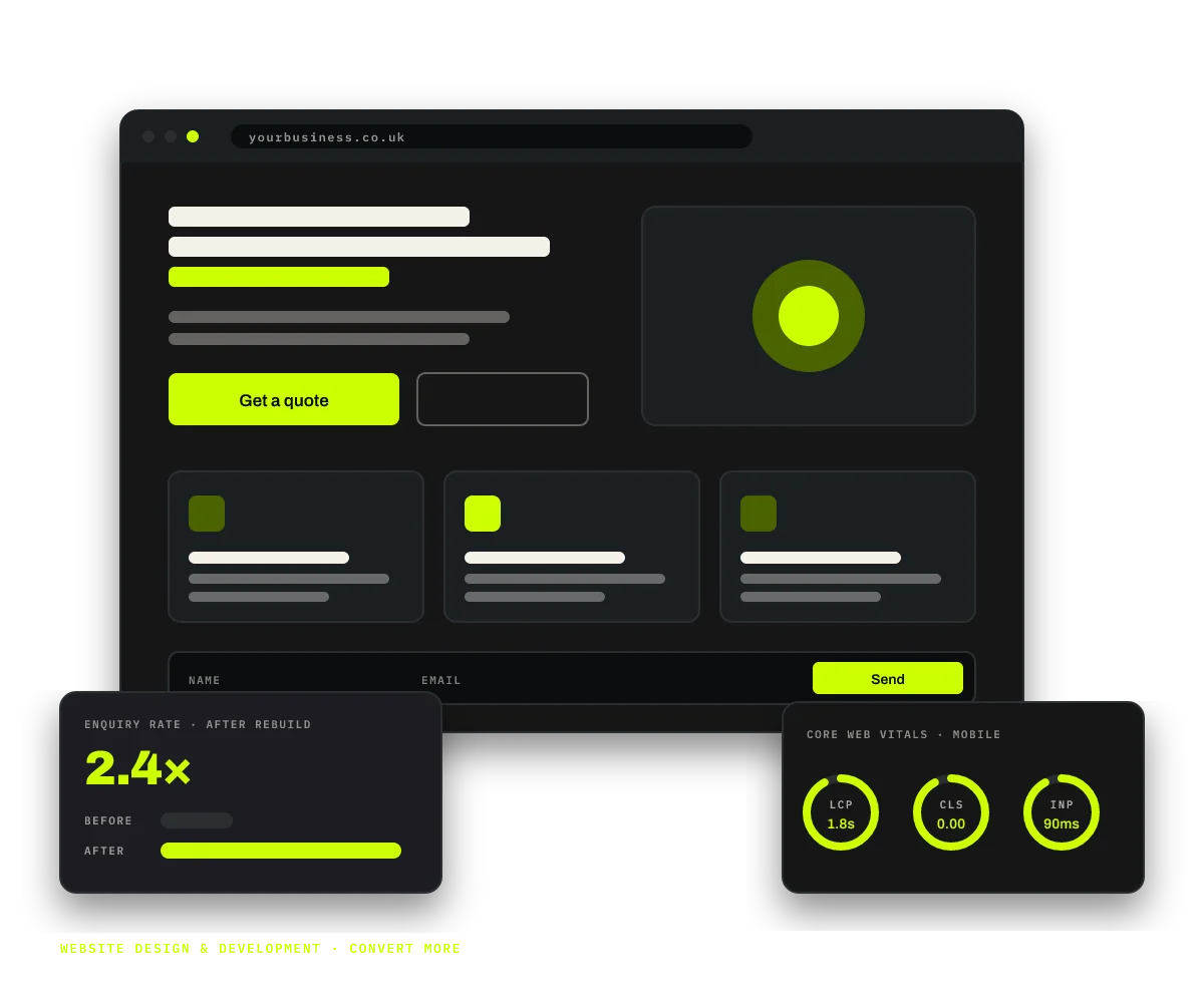 Illustration of a conversion-first website layout with a clear call to action, an enquiry rate up 2.4 times and green Core Web Vitals