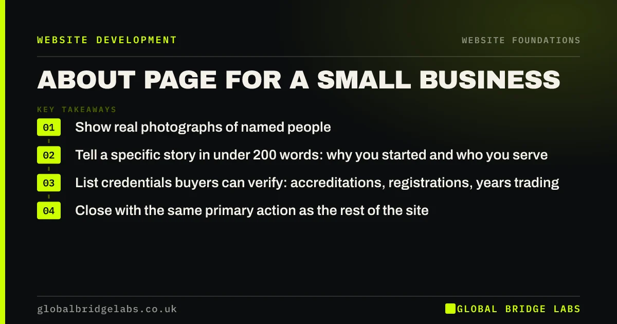 About us page for small business: key takeaways infographic by Global Bridge Labs
