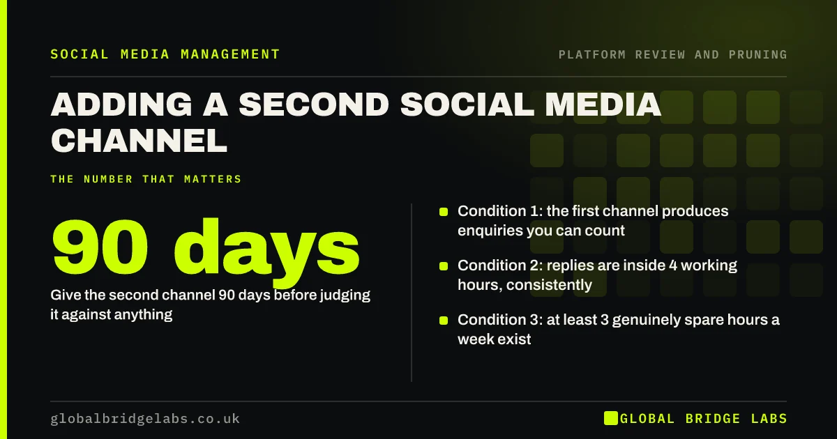 Adding a second social media channel: key takeaways infographic by Global Bridge Labs