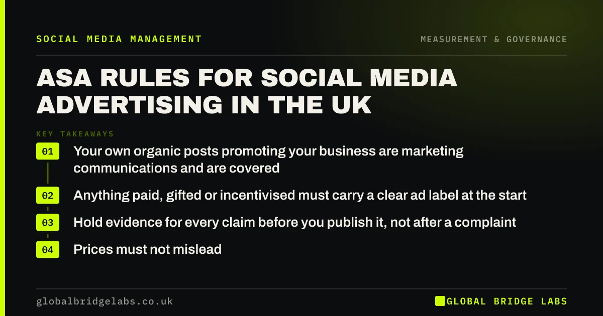 ASA rules social media advertising UK: key takeaways infographic by Global Bridge Labs