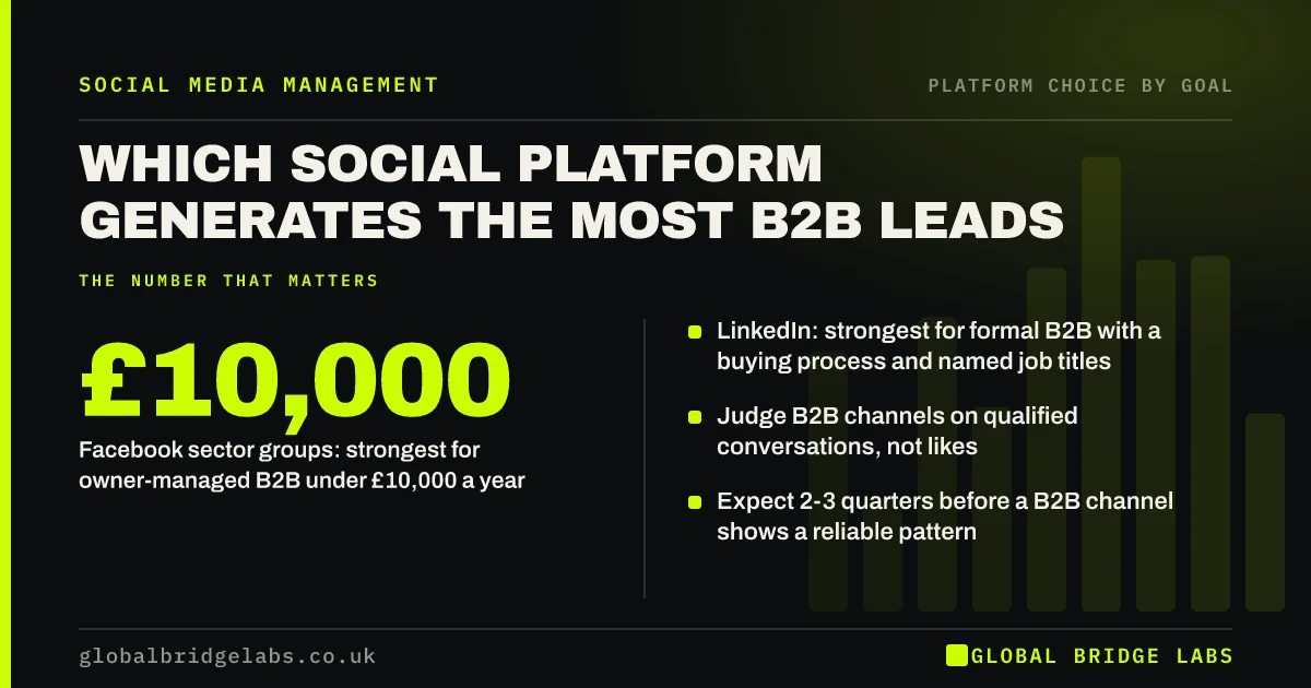 Best social media platform for B2B leads: key takeaways infographic by Global Bridge Labs