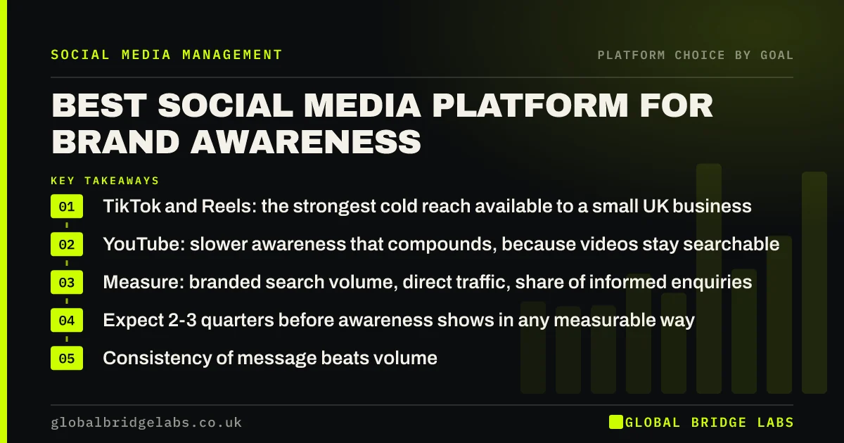 Best social media platform for brand awareness: key takeaways infographic by Global Bridge Labs