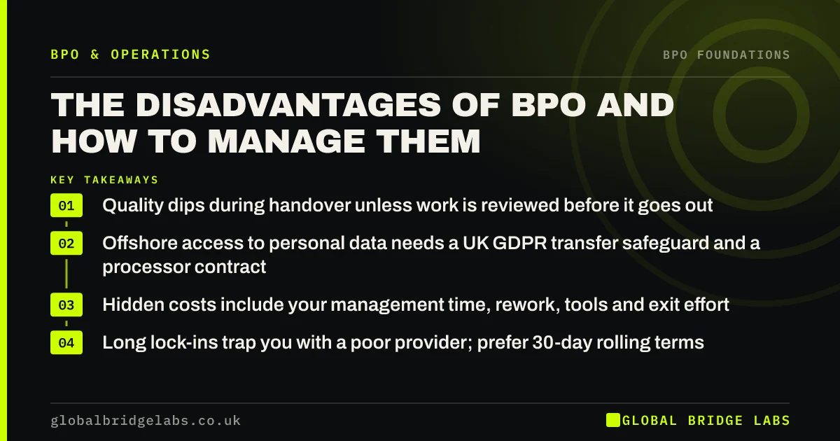 Disadvantages of BPO: key takeaways infographic by Global Bridge Labs