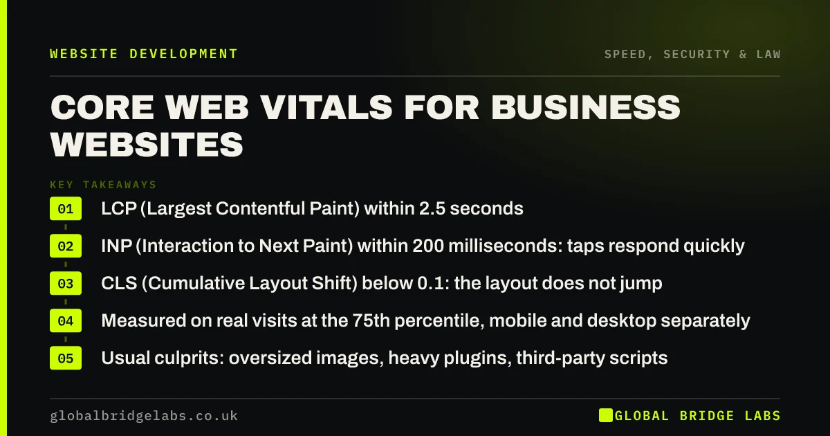 Core web vitals for business websites: key takeaways infographic by Global Bridge Labs