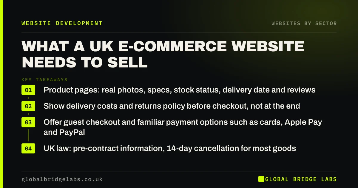 Ecommerce website essentials UK: key takeaways infographic by Global Bridge Labs