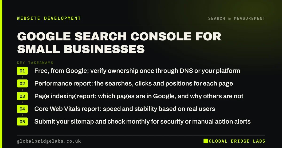 Google search console for small business: key takeaways infographic by Global Bridge Labs