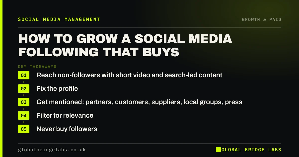 How to grow social media following small business: key takeaways infographic by Global Bridge Labs