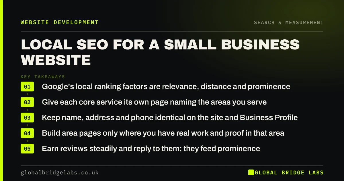 Local SEO for small business website: key takeaways infographic by Global Bridge Labs