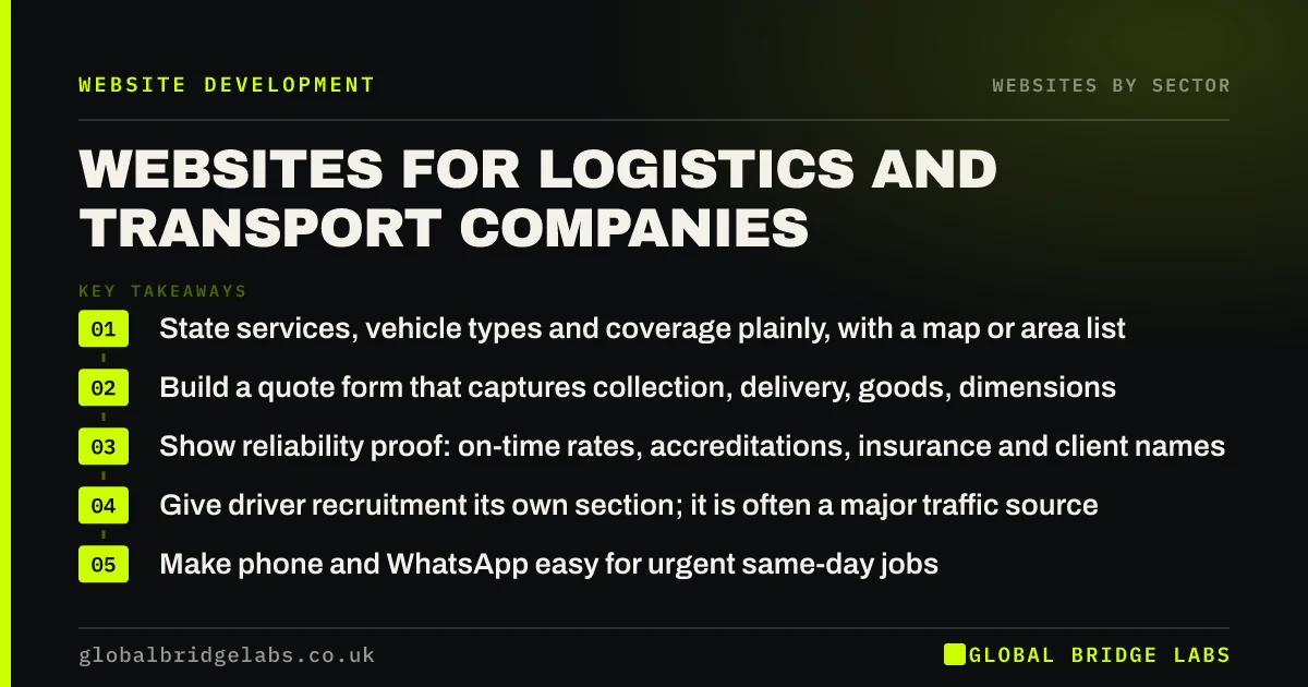 Logistics company website: key takeaways infographic by Global Bridge Labs