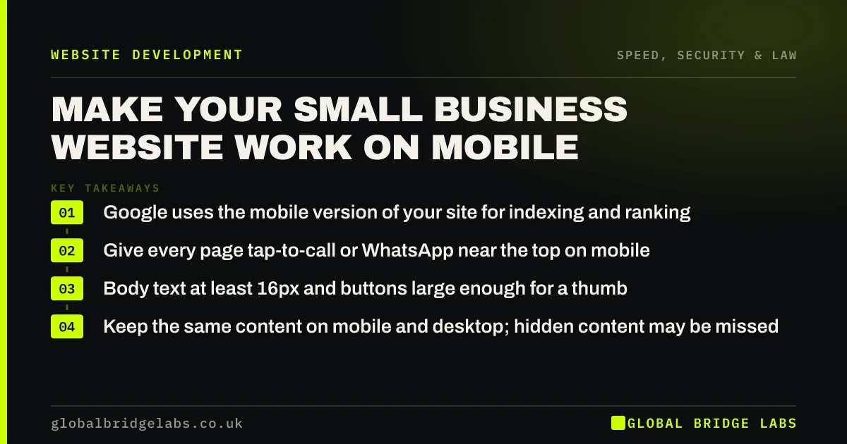 Mobile friendly website small business: key takeaways infographic by Global Bridge Labs